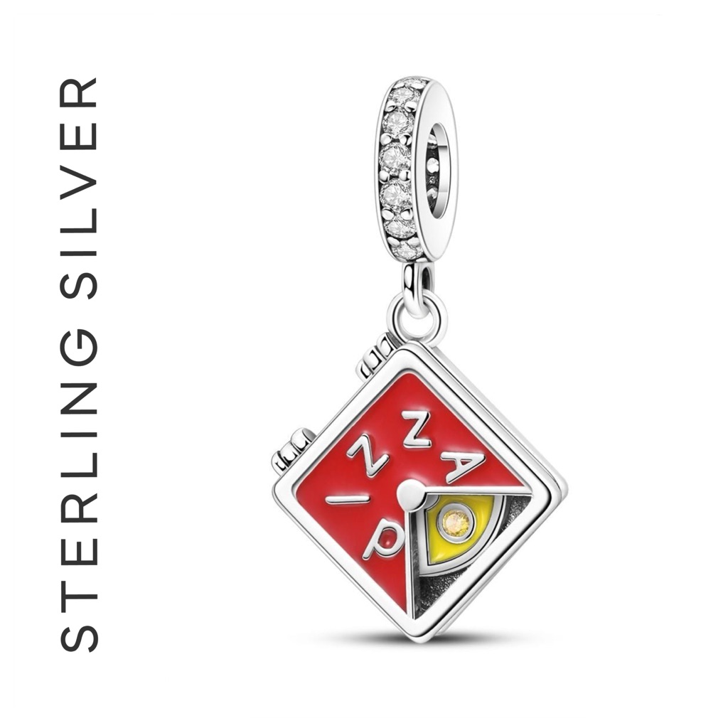 S925 Sterling Silver Pizza Box Pizza Slice Dangle Charm